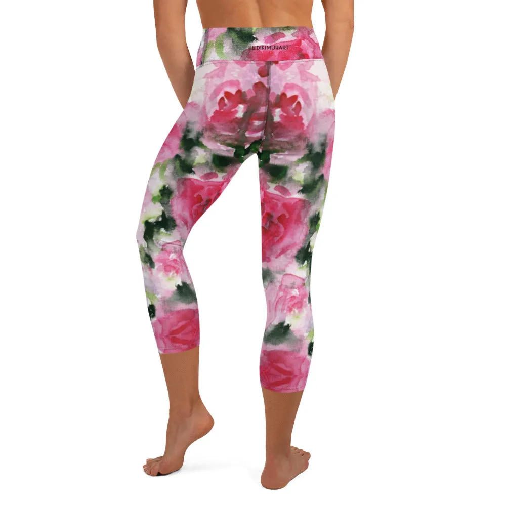 Pink Roses Yoga Capri Leggings, Floral Roses Print Best Designer Women's Yoga Capri Leggings