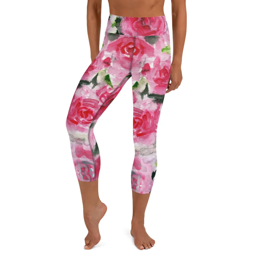 Pink Roses Yoga Capri Leggings, Floral Roses Print Best Designer Women's Yoga Capri Leggings