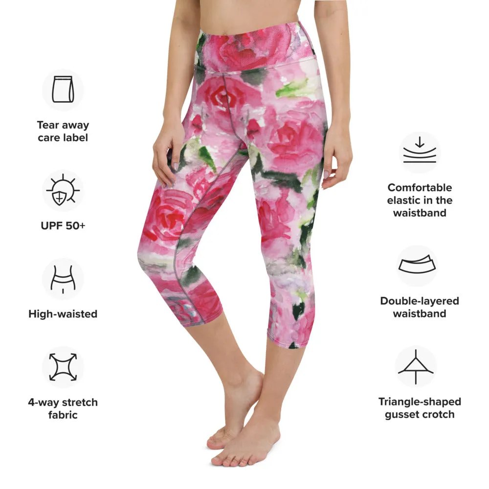 Pink Roses Yoga Capri Leggings, Floral Roses Print Best Designer Women's Yoga Capri Leggings