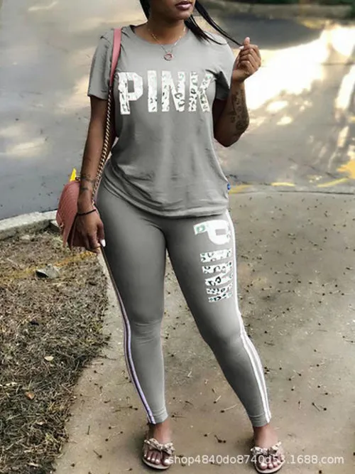 Plus Size Pink Letter Print Sexy Sweatsuit Tops skinny Pants Sweat