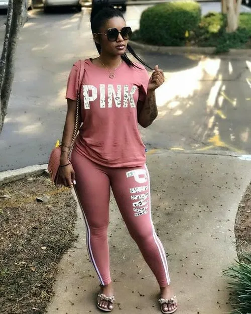 Plus Size Pink Letter Print Sexy Sweatsuit Tops skinny Pants Sweat