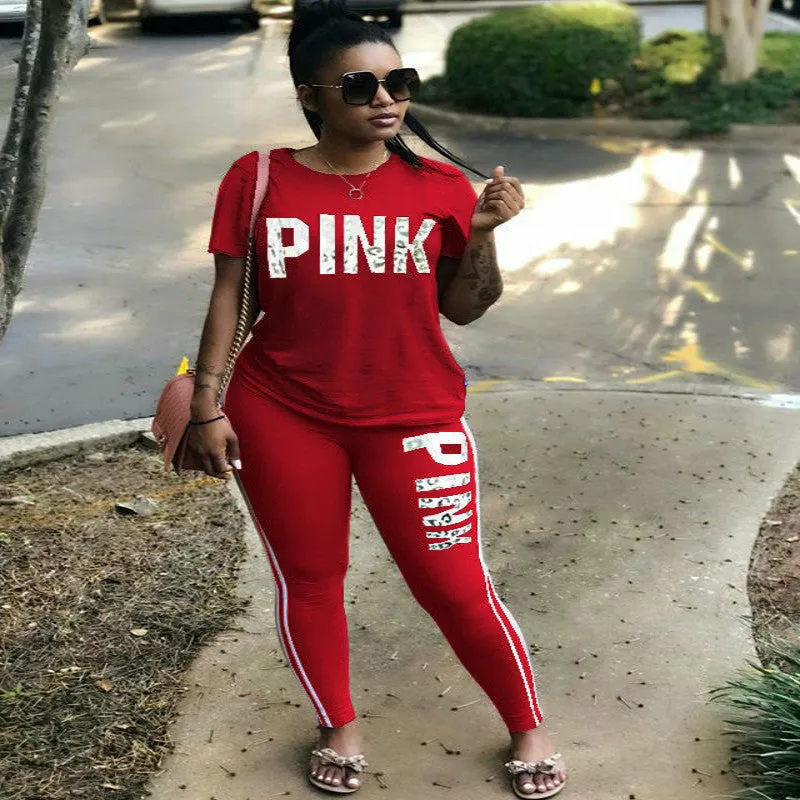 Plus Size Pink Letter Print Sexy Sweatsuit Tops skinny Pants Sweat