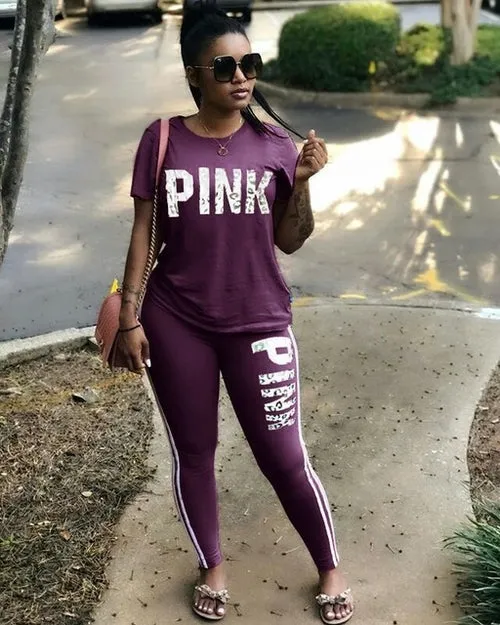 Plus Size Pink Letter Print Sexy Sweatsuit Tops skinny Pants Sweat