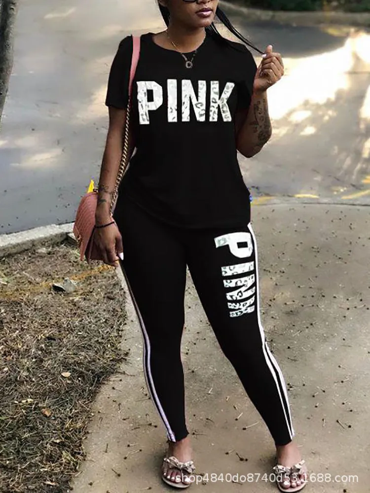 Plus Size Pink Letter Print Sexy Sweatsuit Tops skinny Pants Sweat