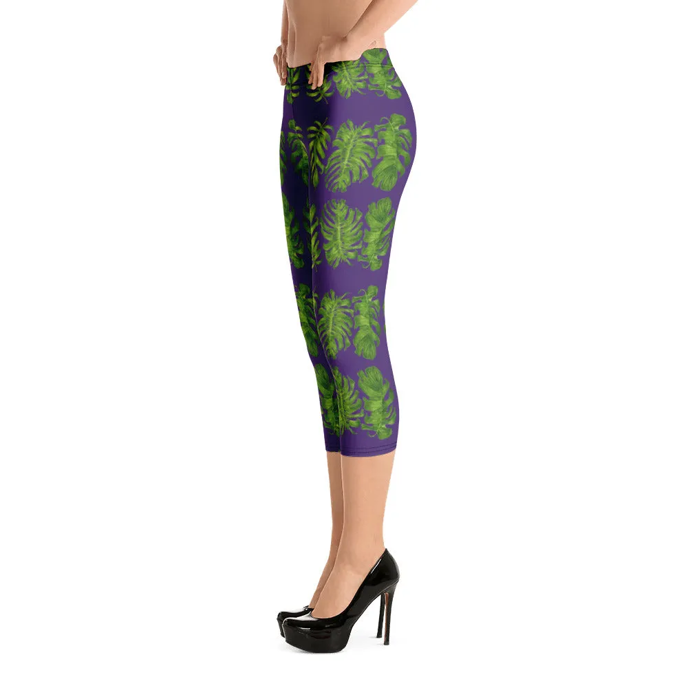 Purple Tropical Leaf Capri Leggings, Hawaiian Style Green Leaves Women's Capris Casual Sports Tights