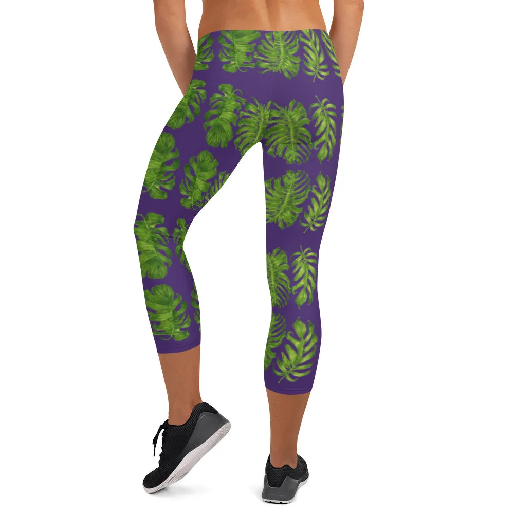 Purple Tropical Leaf Capri Leggings, Hawaiian Style Green Leaves Women's Capris Casual Sports Tights