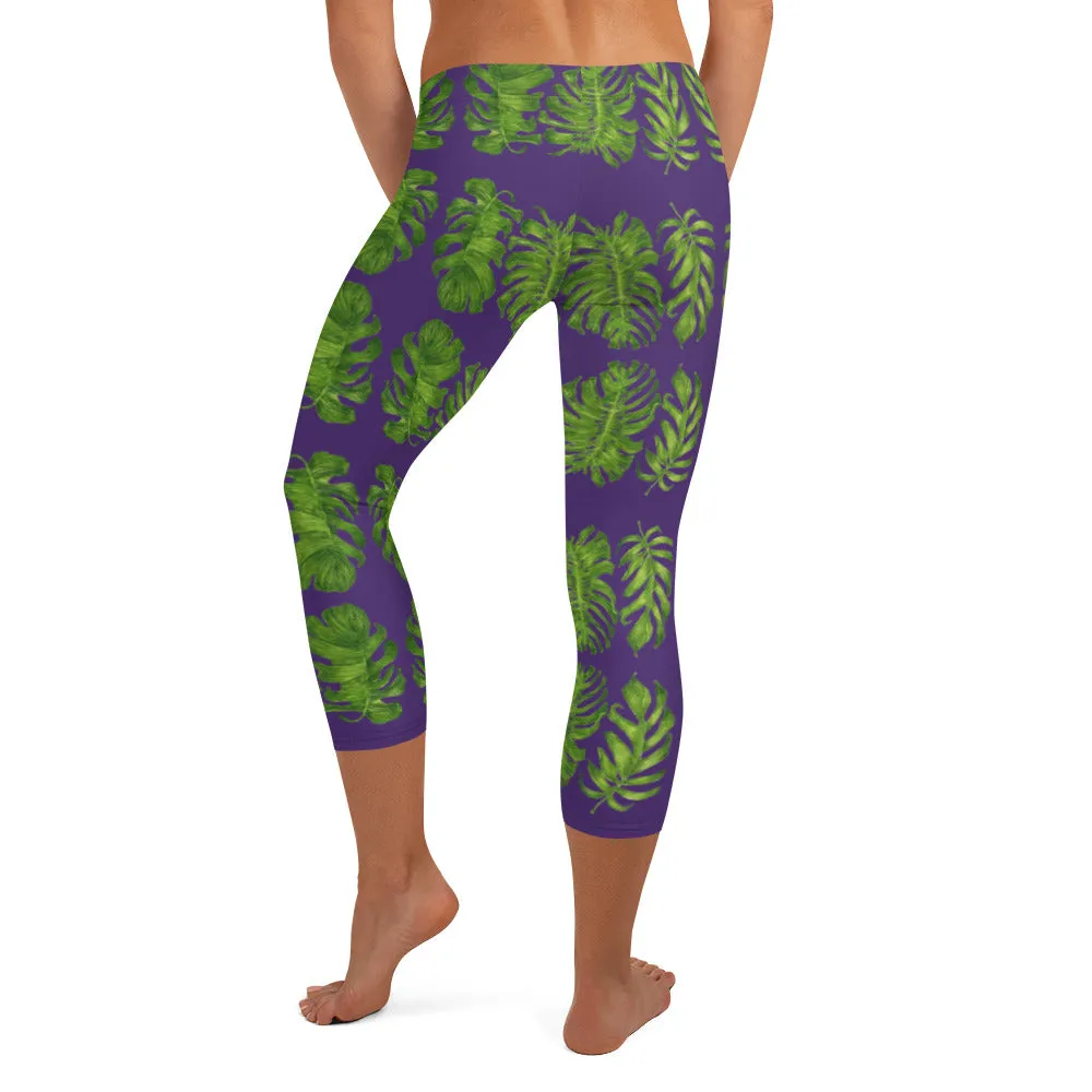 Purple Tropical Leaf Capri Leggings, Hawaiian Style Green Leaves Women's Capris Casual Sports Tights