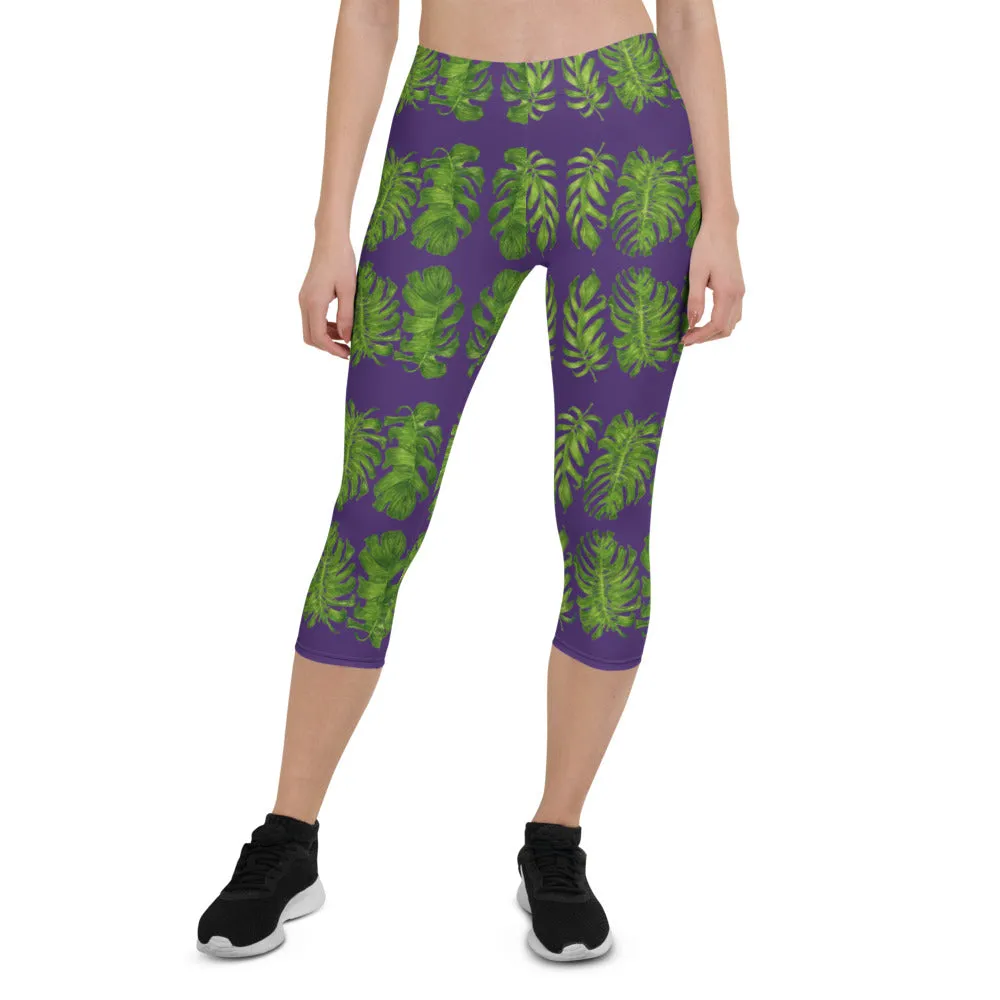 Purple Tropical Leaf Capri Leggings, Hawaiian Style Green Leaves Women's Capris Casual Sports Tights