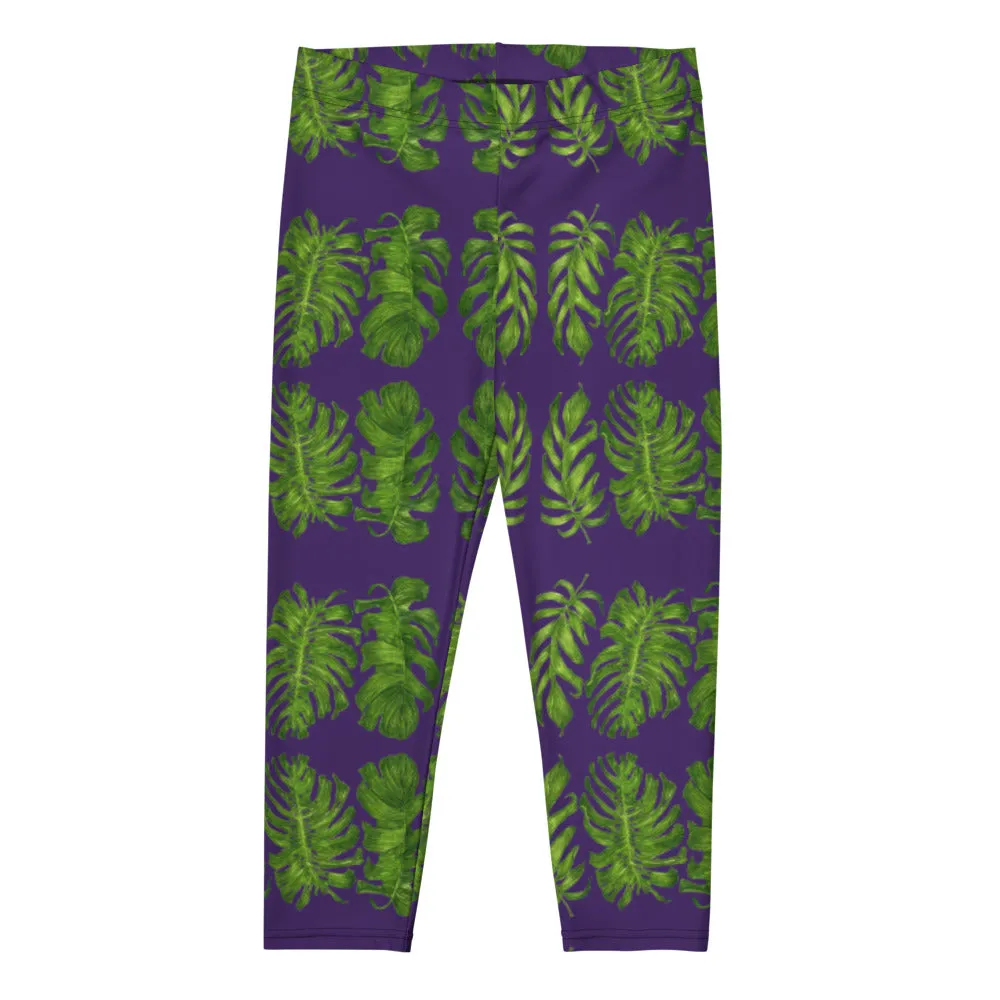 Purple Tropical Leaf Capri Leggings, Hawaiian Style Green Leaves Women's Capris Casual Sports Tights