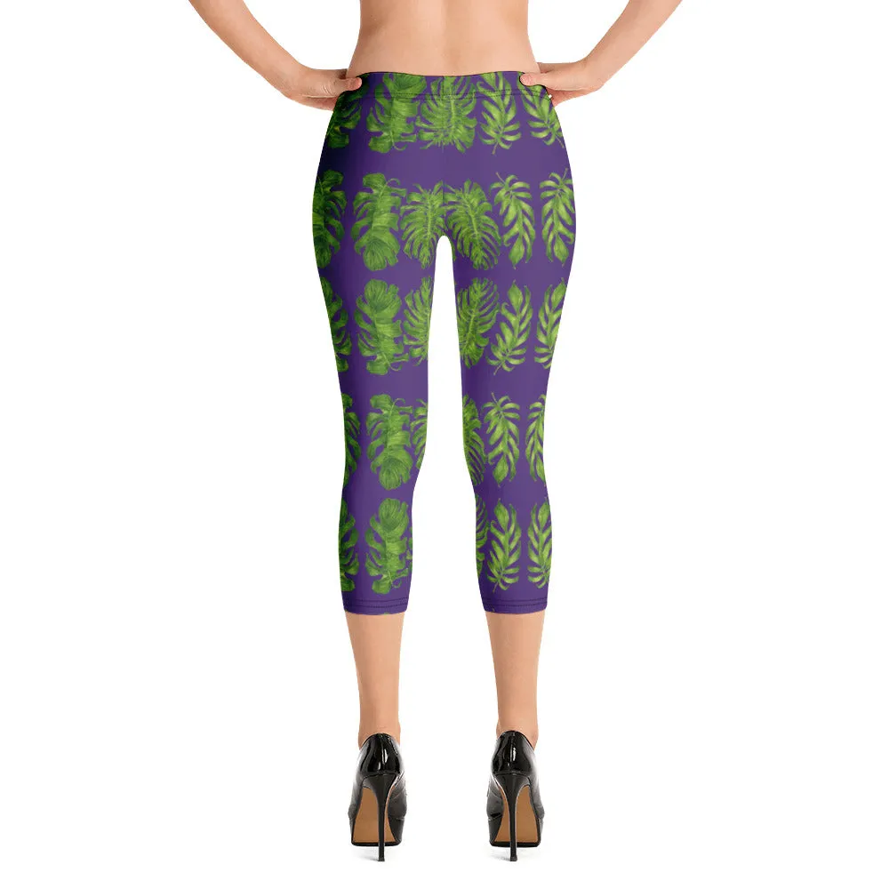 Purple Tropical Leaf Capri Leggings, Hawaiian Style Green Leaves Women's Capris Casual Sports Tights