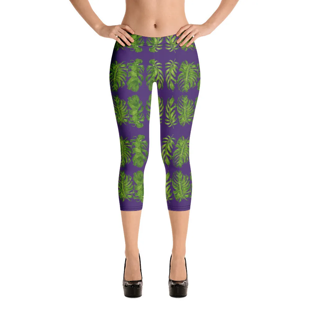 Purple Tropical Leaf Capri Leggings, Hawaiian Style Green Leaves Women's Capris Casual Sports Tights