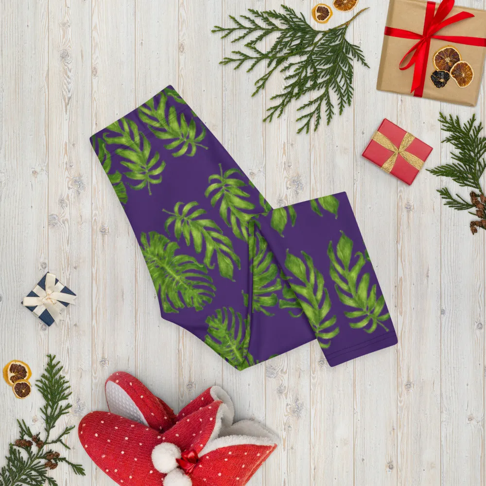 Purple Tropical Leaf Capri Leggings, Hawaiian Style Green Leaves Women's Capris Casual Sports Tights