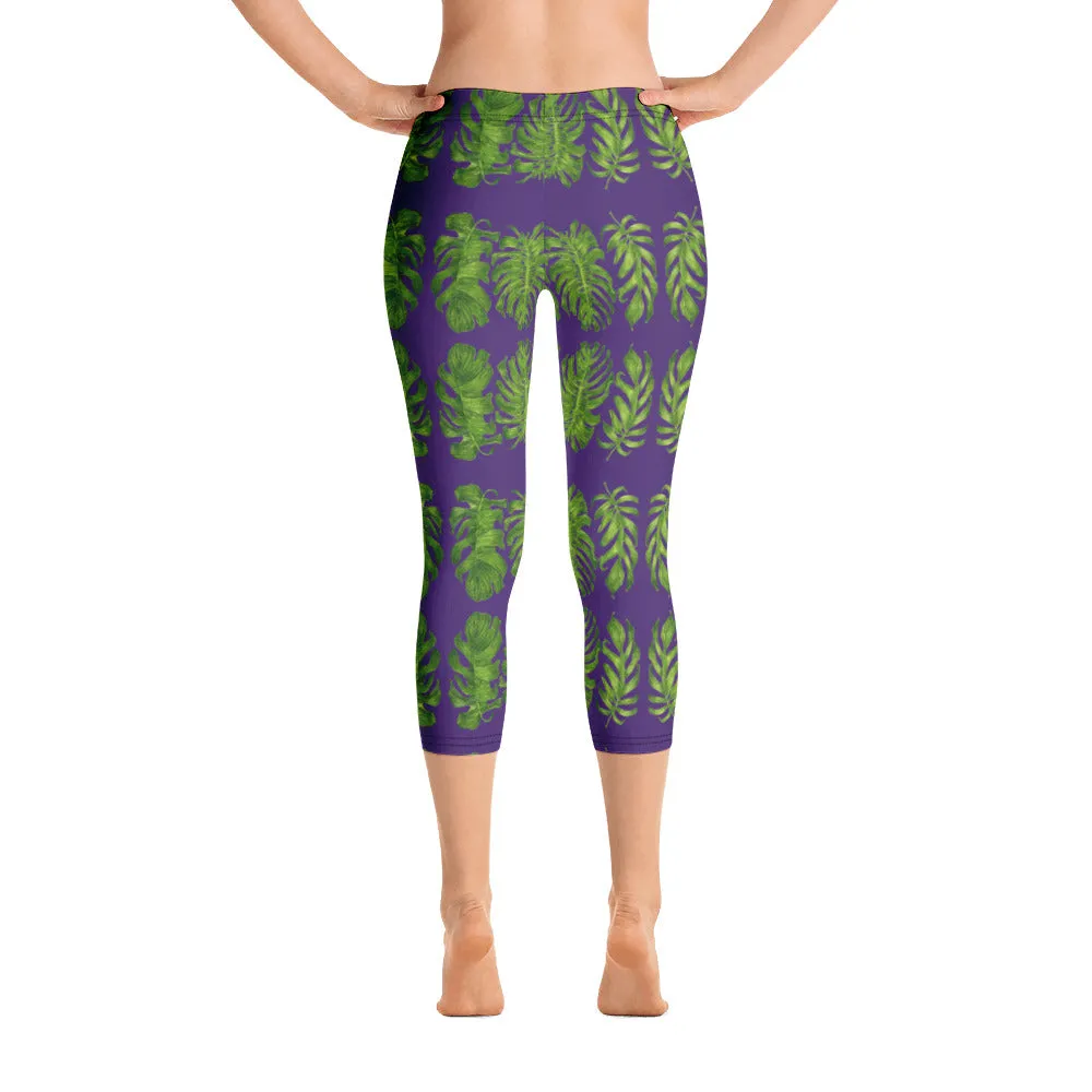 Purple Tropical Leaf Capri Leggings, Hawaiian Style Green Leaves Women's Capris Casual Sports Tights