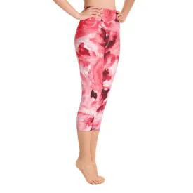 Red Floral Capris Tights, Best Passionate Red Rose Floral Print Capri Leggings Women's Yoga Pants - Made in USA