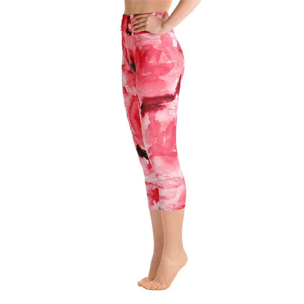 Red Floral Capris Tights, Best Passionate Red Rose Floral Print Capri Leggings Women's Yoga Pants - Made in USA