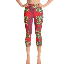 Red Orchids Yoga Capri Leggings, Orchid Floral Print Women's Yoga Tights-Made in USA/EU