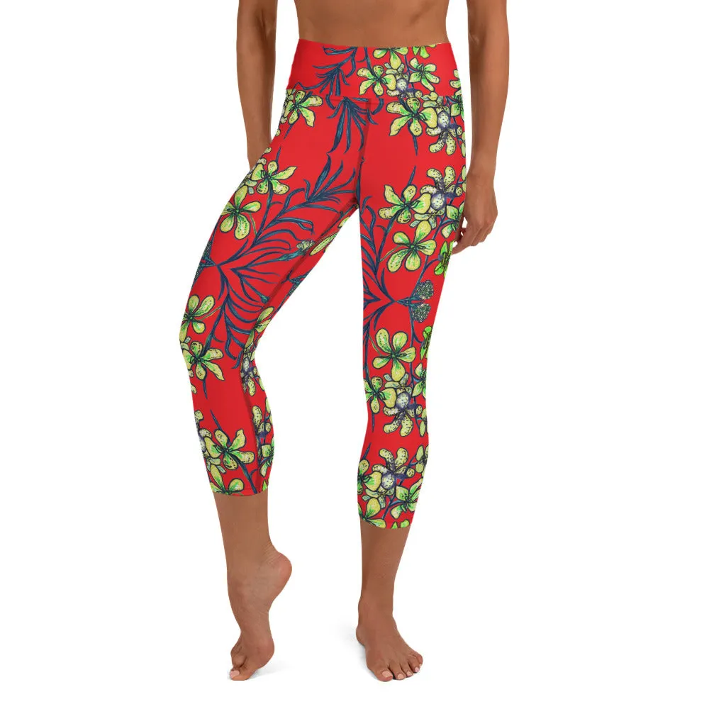 Red Orchids Yoga Capri Leggings, Orchid Floral Print Women's Yoga Tights-Made in USA/EU