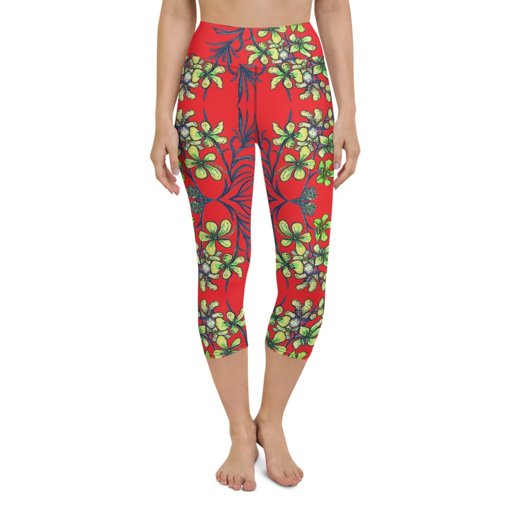 Red Orchids Yoga Capri Leggings, Orchid Floral Print Women's Yoga Tights-Made in USA/EU