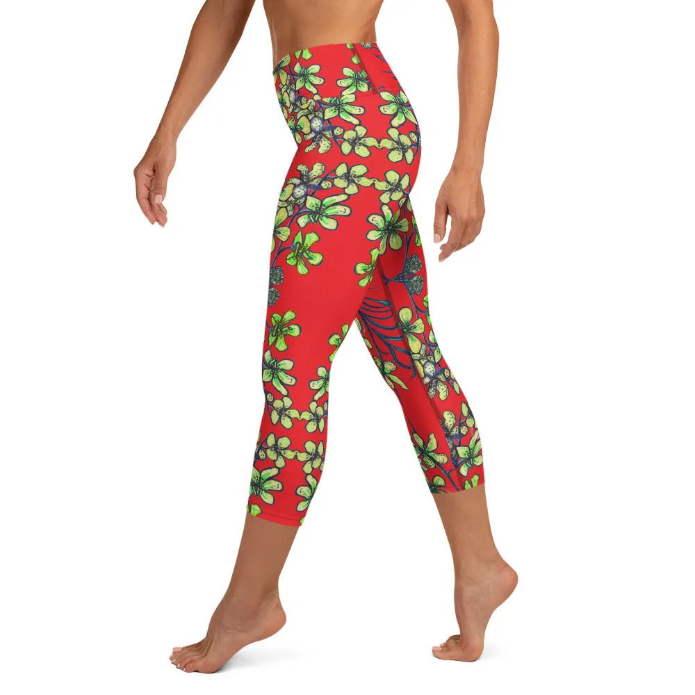 Red Orchids Yoga Capri Leggings, Orchid Floral Print Women's Yoga Tights-Made in USA/EU