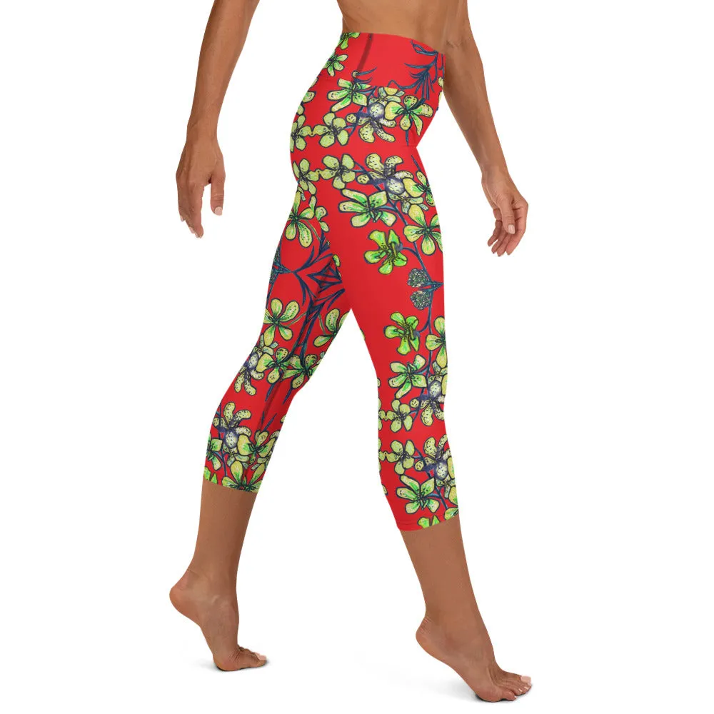 Red Orchids Yoga Capri Leggings, Orchid Floral Print Women's Yoga Tights-Made in USA/EU