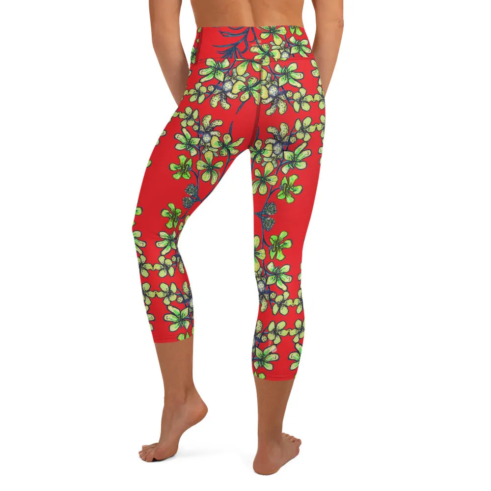 Red Orchids Yoga Capri Leggings, Orchid Floral Print Women's Yoga Tights-Made in USA/EU