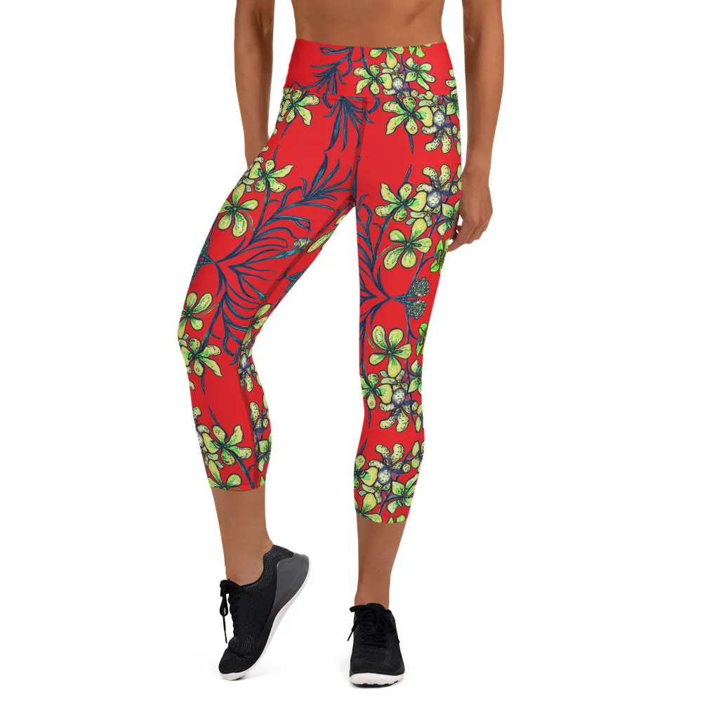 Red Orchids Yoga Capri Leggings, Orchid Floral Print Women's Yoga Tights-Made in USA/EU