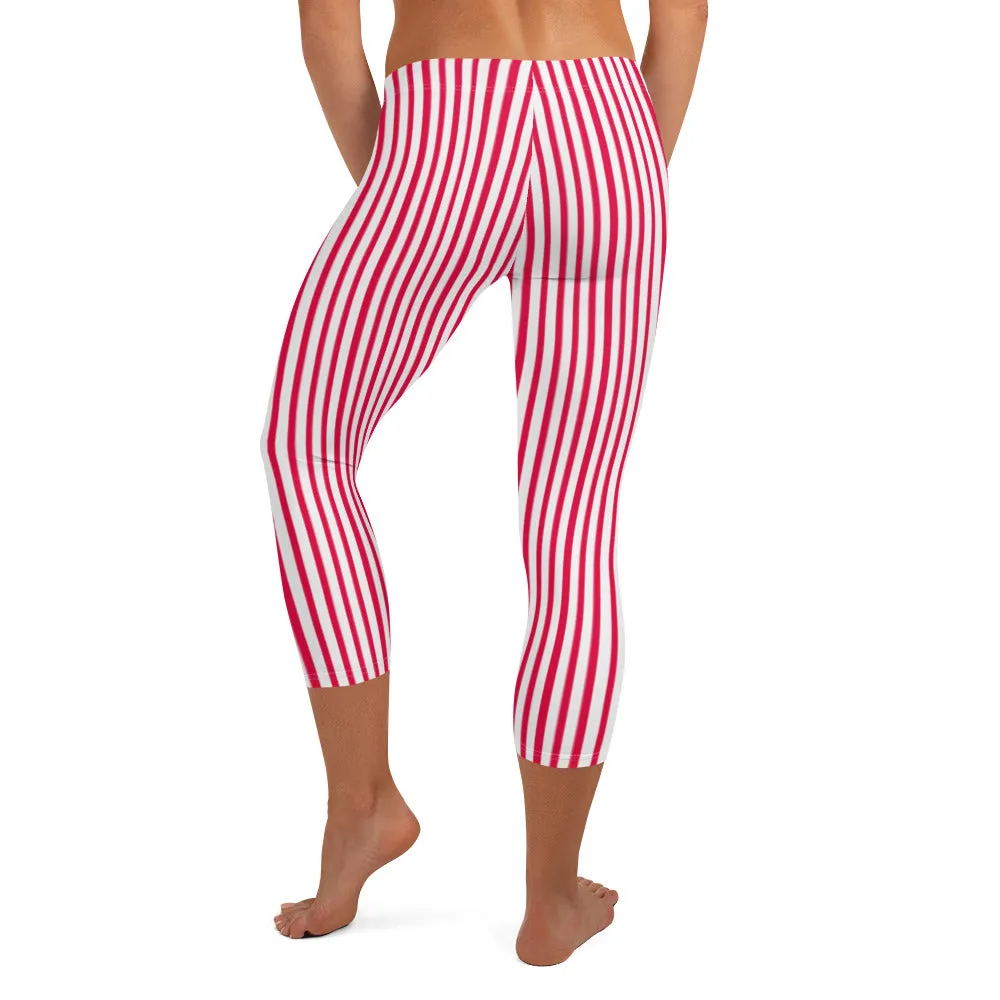 Red White Striped Capri Leggings, Vertically Striped Circus Ladies' Capris Tights-Made in USA/EU