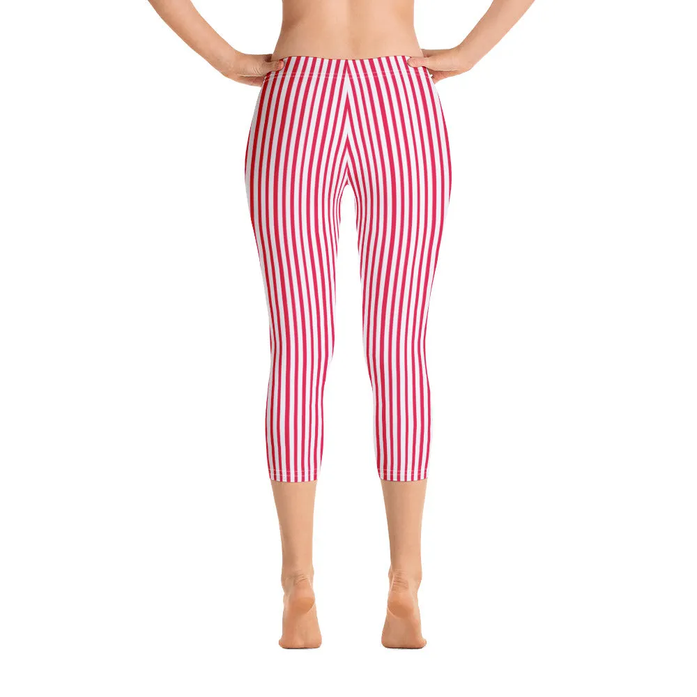 Red White Striped Capri Leggings, Vertically Striped Circus Ladies' Capris Tights-Made in USA/EU