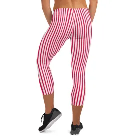 Red White Striped Capri Leggings, Vertically Striped Circus Ladies' Capris Tights-Made in USA/EU