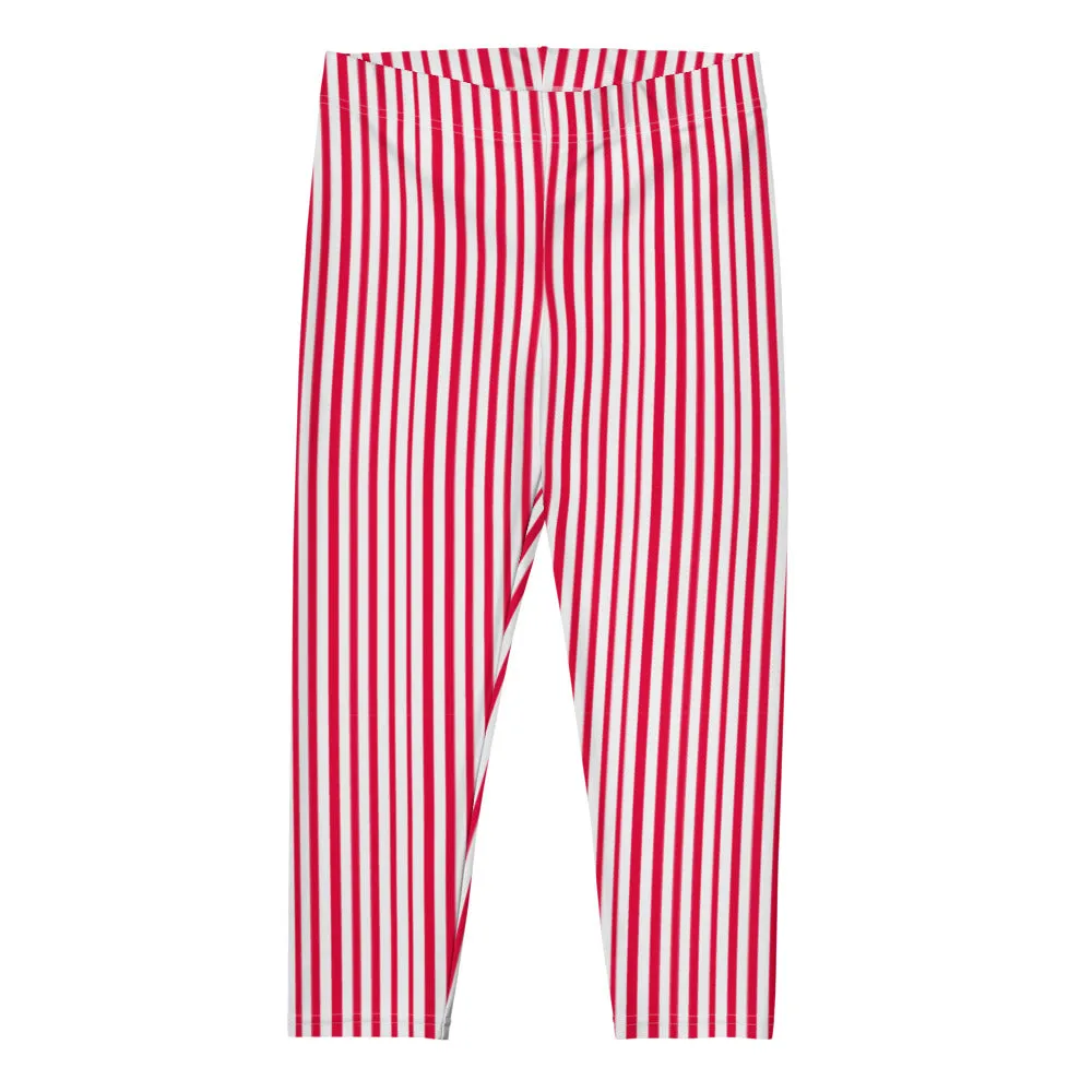 Red White Striped Capri Leggings, Vertically Striped Circus Ladies' Capris Tights-Made in USA/EU