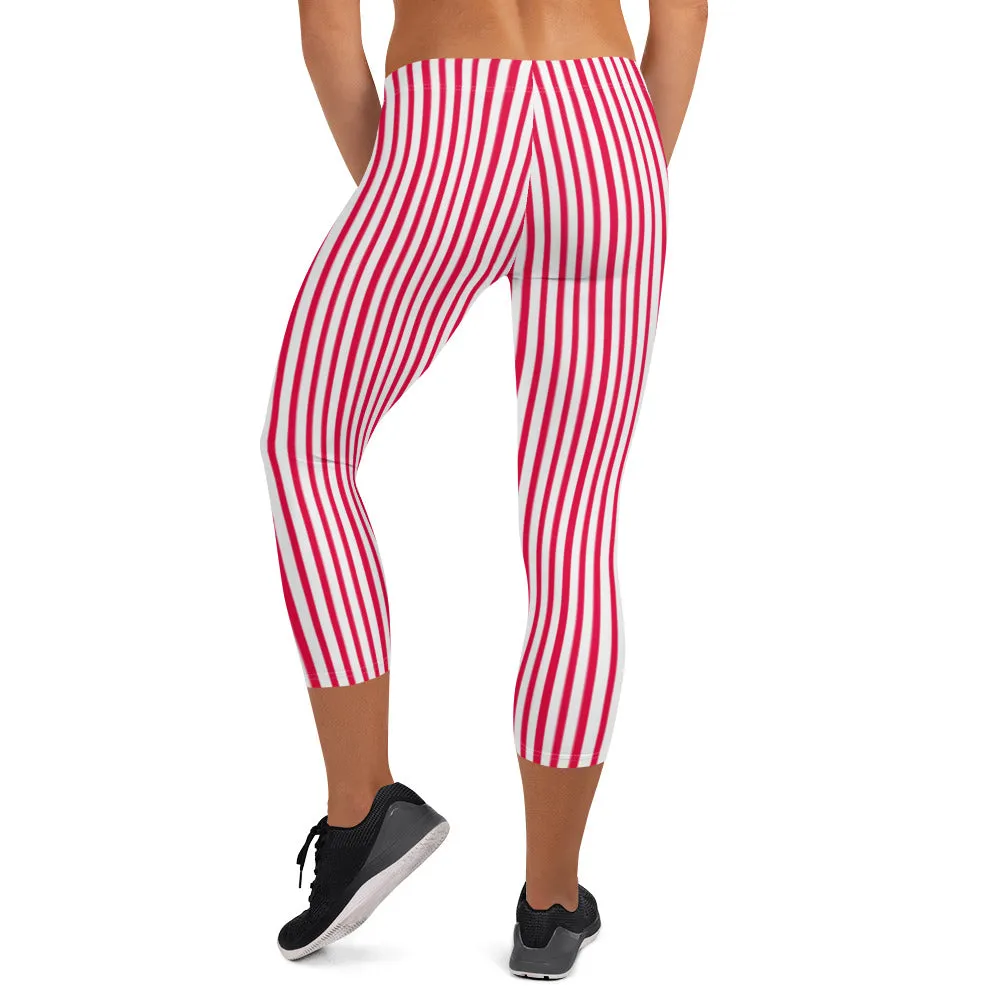 Red White Striped Capri Leggings, Vertically Striped Circus Ladies' Capris Tights-Made in USA/EU