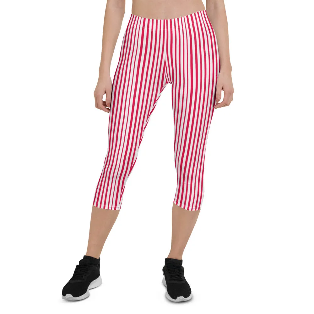 Red White Striped Capri Leggings, Vertically Striped Circus Ladies' Capris Tights-Made in USA/EU