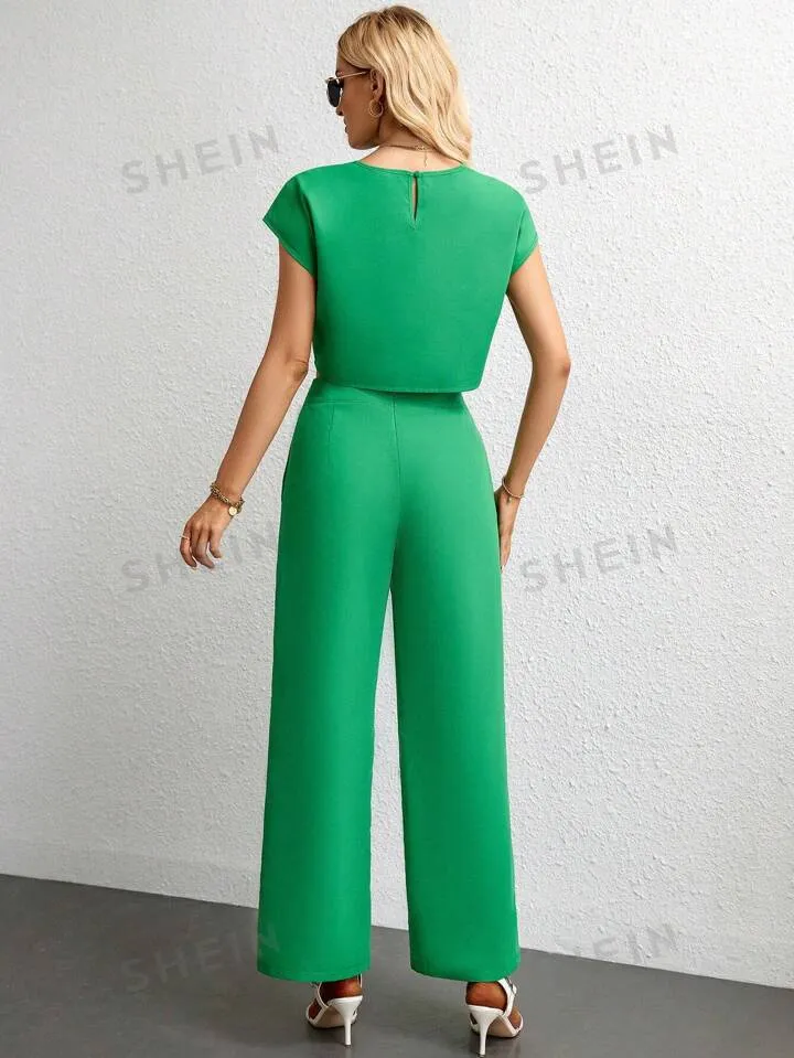 Solid batwing sleeve crop blpouse & wide leg trousers in green