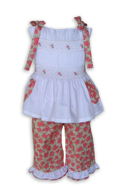 Spring Summer Hand Smocked Girls Capri and Top Set Outfit