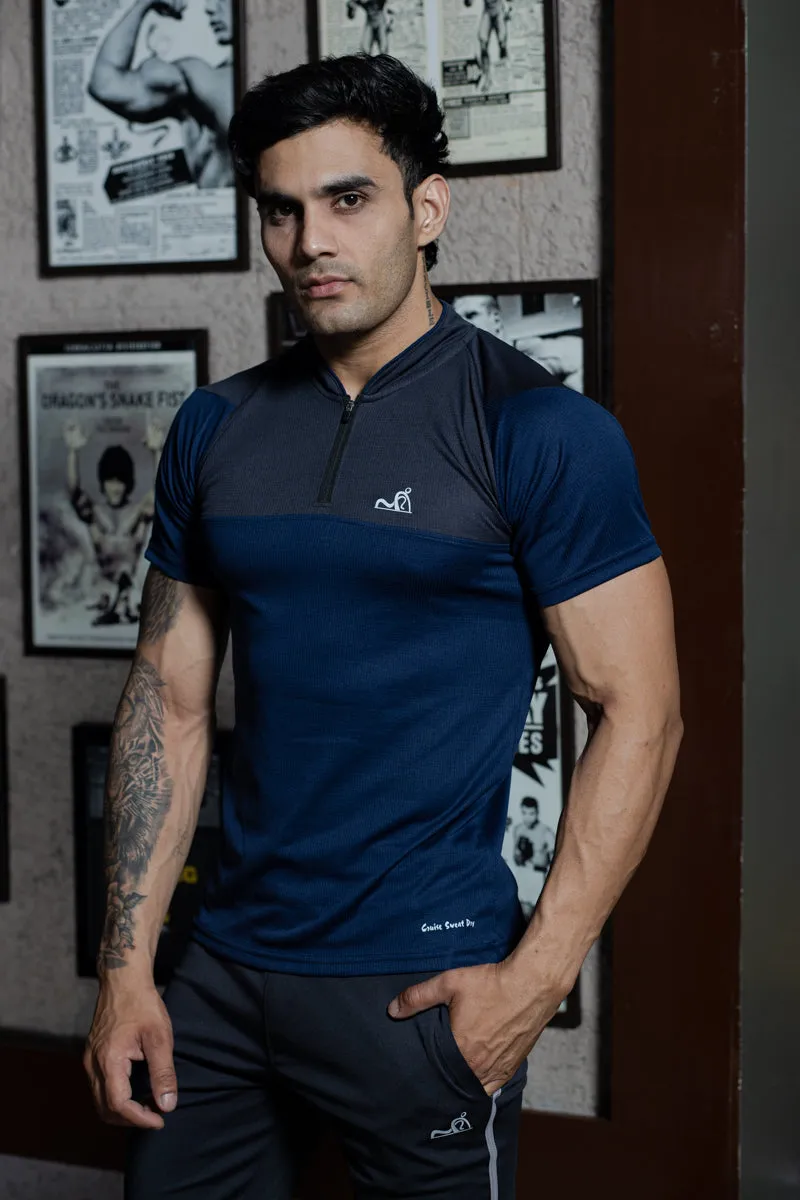 Stand Neck Semi Collar T-Shirts Navy Charcoal (D)