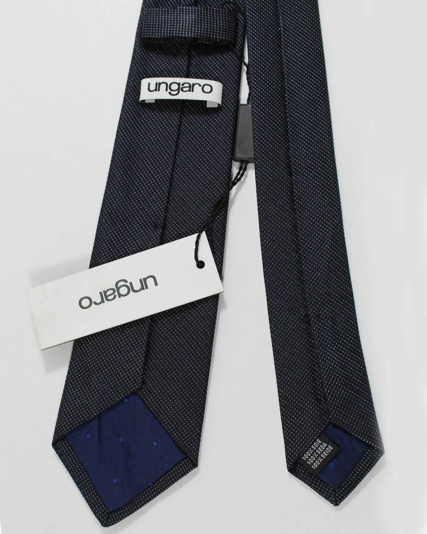 Ungaro Silk Tie Midnight Blue Silver - Narrow Cut Designer Necktie