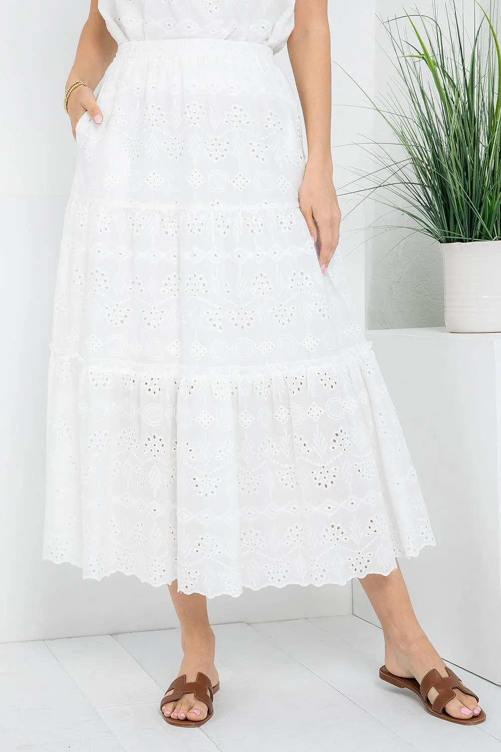 White Cotton Eyelet Midi Skirt  *FINAL SALE*