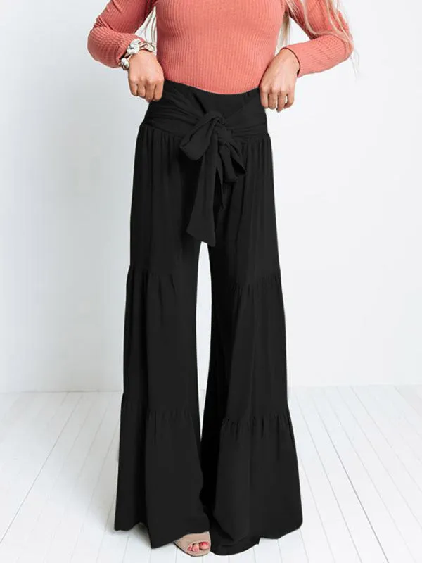 Women's Wide Flare Leg Elasticated Waist Trousers With Pleated Detailing