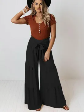 Women's Wide Flare Leg Elasticated Waist Trousers With Pleated Detailing