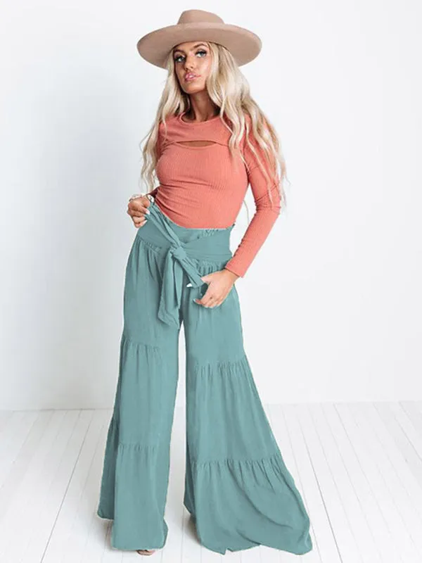 Women's Wide Flare Leg Elasticated Waist Trousers With Pleated Detailing