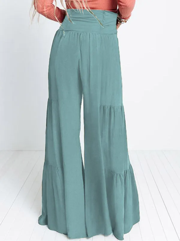 Women's Wide Flare Leg Elasticated Waist Trousers With Pleated Detailing